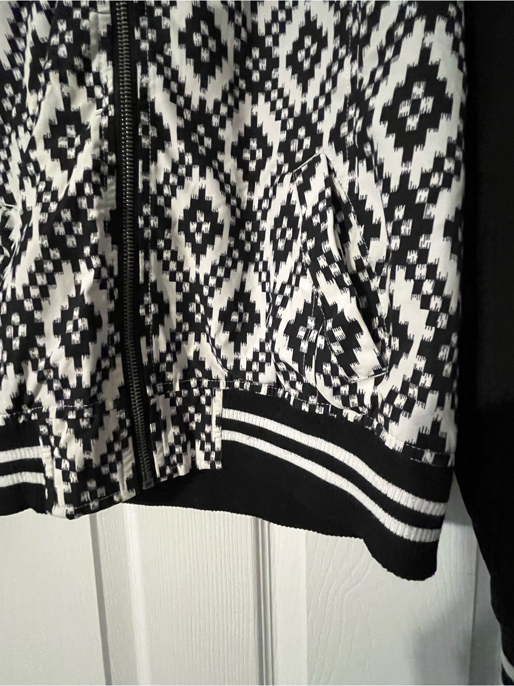 Black and White Patterned Women's Zip jacket with hood. Empyre